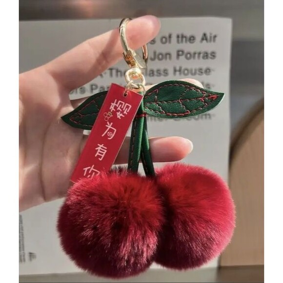 COPY - Double Furry CHERRY cherries Keyring Keychain Key Chain Ring - Picture 1 of 6